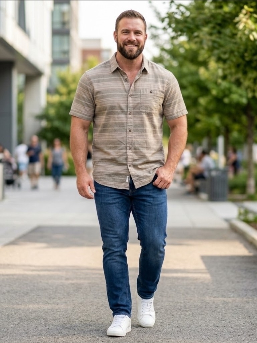 Casual Short-Sleeve Button-Down Shirt in Light Beige Stripe